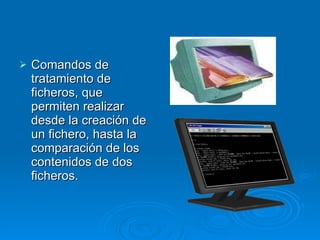 Comandos de tratamiento de ficheros, que permiten realizar desde la creación de un fichero, hasta la comparación de los contenidos de dos ficheros. 