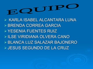 KARLA ISABEL ALCANTARA LUNA BRENDA CORREA GARCIA YESENIA FUENTES RUIZ ILSE VIRIDIANA OLVERA CANO BLANCA LUZ SALAZAR BAJONERO JESUS SEGUNDO DE LA CRUZ EQUIPO 