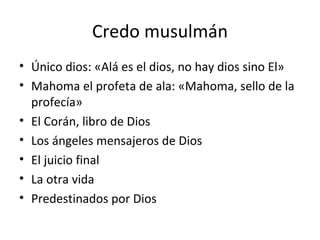 Credo musulmán Único dios: «Alá es el dios, no hay dios sino El» Mahoma el profeta de ala: «Mahoma, sello de la profecía» El Corán, libro de Dios Los ángeles mensajeros de Dios El juicio final La otra vida Predestinados por Dios