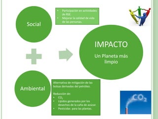Social
Ambiental
IMPACTO
Un Planeta más
limpio
Alternativa de mitigación de las
bolsas derivadas del petróleo.
Reducción de:
• CO2
• Lípidos generados por los
desechos de la caña de azúcar.
• Pesticidas para las plantas.
• Participación en actividades
de RSE.
• Mejorar la calidad de vida
de las personas.
 