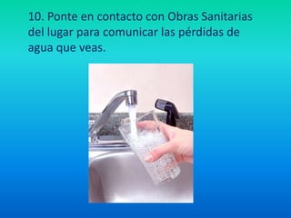 10. Ponte en contacto con Obras Sanitarias del lugar para comunicar las pérdidas de agua que veas.