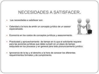 NECESIDADES A SATISFACER. Las necesidades a satisfacer son:Celeridad a la hora de emitir un concepto jurídico de un asesor especializado.Economía en los costos de conceptos jurídicos y asesoramiento.Practicidad y aprovechamiento  de tiempo en lo que el solicitante requiere para las acciones jurídicas que debe cumplir en un plazo de tiempo estipulado en los procesos y en general para todo pronunciamiento jurídico.Ignorancia de la ley y el derecho a la hora de conocer los diferentes requerimientos formales y de cumplimiento.