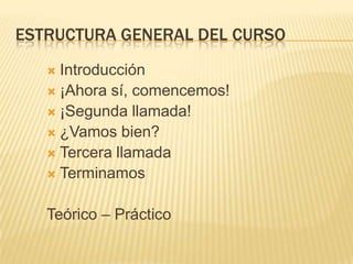 Estructura general del cursoIntroducción ¡Ahora sí, comencemos!¡Segunda llamada!¿Vamos bien?Tercera llamada TerminamosTeórico – Práctico
