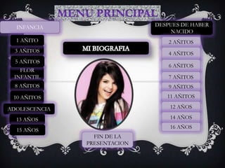 INFANCIA                    DESPUES DE HABER
                                  NACIDO
  1 AÑITO                         2 AÑITOS
  3 AÑITOS                        4 AÑITOS
  5 AÑITOS
                                  6 AÑITOS
   FLOR
 INFANTIL                         7 AÑITOS
  8 AÑITOS                        9 AÑITOS
 10 AÑITOS                       11 AÑITOS

ADOLESCENCIA                      12 AÑOS

  13 AÑOS                         14 AÑOS
                                  16 AÑOS
  15 AÑOS
                 FIN DE LA
               PRESENTACION
 