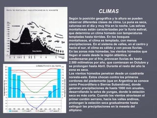 Según la posición geográfica y la altura se pueden observar diferentes clases de clima. La puna es seca, calurosa en el día y muy fría en la noche. Las selvas montañosas están caracterizadas por la lluvia estival, que determina un clima húmedo con temperaturas templadas hasta tórridas. En los bosques montañosos, el clima es templado, con menos precipitaciones. En el sistema de valles, en el centro y hacia el sur, el clima es cálido y con pocas lluvias. En las zonas más húmedas, los vientos húmedos que llegan al oeste desde la región atlántica, al condensarse por el frío, provocan lluvias de hasta 2.500 milímetros por año, que comienzan en Octubre y se prolongan hasta Abril. Durante el resto del año la zona es seca. Los vientos húmedos penetran desde un cuadrante noreste-este. Estos chocan contra los primeros cordones del piedemonte (que en Argentina se conoce como Precordillera o Sierras Subandinas), donde generan precipitaciones de hasta 1000 mm anuales, desarrollando la selva de yungas, donde la estación seca es más corta. Cuando los vientos atraviesan el primer cordón serrano, hacia los valles andinos, prolongan la estación seca gradualmente hasta extinguir las precipitaciones en la meseta del altiplano. CLIMAS 