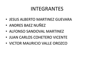 INTEGRANTES
•   JESUS ALBERTO MARTINEZ GUEVARA
•   ANDRES BAEZ NUÑEZ
•   ALFONSO SANDOVAL MARTINEZ
•   JUAN CARLOS COHETERO VICENTE
•   VICTOR MAURICIO VALLE OROZCO
 