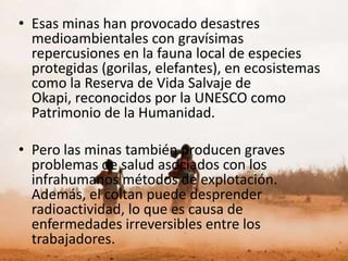 • Esas minas han provocado desastres
  medioambientales con gravísimas
  repercusiones en la fauna local de especies
  protegidas (gorilas, elefantes), en ecosistemas
  como la Reserva de Vida Salvaje de
  Okapi, reconocidos por la UNESCO como
  Patrimonio de la Humanidad.

• Pero las minas también producen graves
  problemas de salud asociados con los
  infrahumanos métodos de explotación.
  Además, el coltan puede desprender
  radioactividad, lo que es causa de
  enfermedades irreversibles entre los
  trabajadores.
 