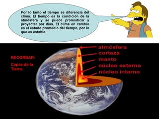Por lo tanto el tiempo se diferencia del clima. El tiempo es la condición de la atmósfera y se puede pronosticar y proyectar por días. El clima en cambio es el estado promedio del tiempo, por lo que es estable. RECORDAR:  Capas de la Tierra. 