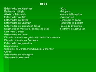 TIPOS Enfermedad de Alzheimer  -   Kuru Esclerosis múltiple  - Miopatía Ataxia de Friedreich  - Neuromielitis óptica Enfermedad de Balo  -Presbiacusia Enfermedad de Batten  -Sindrome de Lowe  Enfermedad de Canavan  -Síndrome de Stickler  Enfermedad de Creutzfeldt-Jakob  -Corea de Sydenham Degeneración macular asociada a la edad  -Síndrome de Zellweger Demencia Cortical  Enfermedad de Devic Distrofia muscular congénita con déficit de merosina Distrofia muscular de Duchenne Enfermedad degenerativa Espondilosis Síndrome de Gerstmann-Sträussler-Scheinker  Gliosis Enfermedad de Huntington Síndrome de Korsakoff 