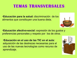 TEMAS TRANSVERSALES Educación para la salud:  discriminación  de los alimentos que constituyen una buena dieta. Educación afectivo-social:  expresión de los gustos y preferencias personales y respeto por  los de otros. Educación en el uso de las TIC en el aula:  adquisición de las destrezas necesarias para el uso de las nuevas tecnologías como recurso de aprendizaje. 