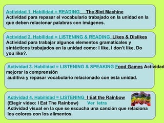 Actividad 1. Habilidad = READING   The Slot Machine Actividad para repasar el vocabulario trabajado en la unidad en la  que deben relacionar palabras con imágenes. Actividad 2. Habilidad = LISTENING & READING   Likes & Dislikes Actividad para trabajar algunos elementos gramaticales y sintácticos trabajados en la unidad como: I like, I don’t like, Do you like?. Actividad 4. Habilidad = LISTENING   I Eat the Rainbow (Elegir video: I Eat The Rainbow)  Ver  letra Actividad visual en la que se escucha una canción que relaciona  los colores con los alimentos. Actividad 3. Habilidad = LISTENING & SPEAKING   Food Games   Actividad que contiene varios juegos para mejorar la comprensión  auditiva y repasar vocabulario relacionado con esta unidad. 