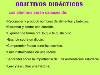OBJETIVOS DIDÁCTICOS Los alumnos serán capaces de: Reconocer y producir nombres de alimentos y bebidas. Escuchar y cantar una canción. Expresar de forma oral lo que le gusta o no. Escribir sobre un dibujo. Comprender frases sencillas escritas.  Leer instrucciones de una receta. Aprender sobre la importancia de una alimentación saludable Leer y escuchar una historia. 