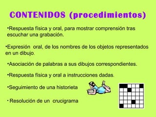 CONTENIDOS (procedimientos) Respuesta física y oral, para mostrar comprensión tras escuchar una grabación. Expresión  oral, de los nombres de los objetos representados en un dibujo . Asociación de palabras a sus dibujos correspondientes.  Respuesta física y oral a instrucciones dadas . Seguimiento de una historieta Resolución de un  crucigrama 