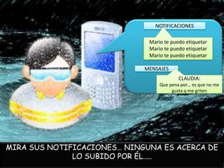 NOTIFICACIONES

                              Mario te puedo etiquetar
                              Mario te puedo etiquetar
                              Mario te puedo etiquetar

                             MENSAJES
                                          CLAUDIA:
                                  Que pena por… es que no me
                                       gusta q me griten




MIRA SUS NOTIFICACIONES… NINGUNA ES ACERCA DE
              LO SUBIDO POR ÉL…..
 