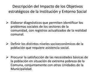 Descripción del Impacto de los Objetivos
estratégicos de la Institución y Entorno Social
 Elaborar diagnósticos que permiten identificar los
problemas sociales de los sectores de la
comunidad, con registros actualizados de la realidad
comunal.
 Definir los distintos niveles socioeconómicos de la
población que requiere asistencia social.
 Procurar la satisfacción de las necesidades básicas de
la población en situación de extrema pobreza de la
Comuna, conjuntamente con otras Unidades de la
Municipalidad.
 