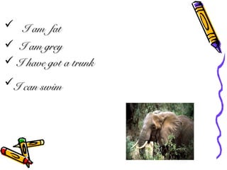 ? I am fatI am fat
? I am greyI am grey
? I have got a trunkI have got a trunk
?I can swimI can swim
 