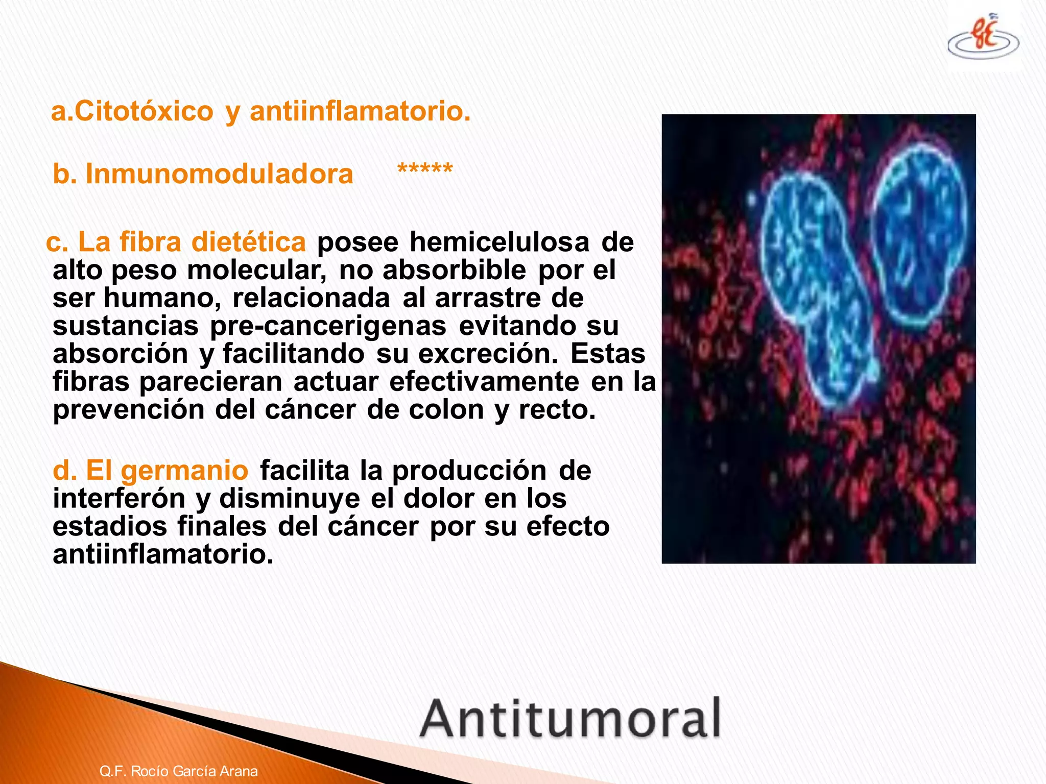 a.Citotóxicoyantiinflamatorio. 
b.Inmunomoduladora***** 
c. La fibra dietética posee hemicelulosade alto peso molecular, no absorbible por el ser humano, relacionada al arrastre de sustancias pre-cancerigenasevitando su absorción y facilitando su excreción. Estas fibras parecieran actuar efectivamente en la prevención del cáncer de colon y recto. 
d. El germanio facilita la producción de interferóny disminuye el dolor en los estadios finales del cáncer por su efecto antiinflamatorio. Q.F. Rocío García Arana  