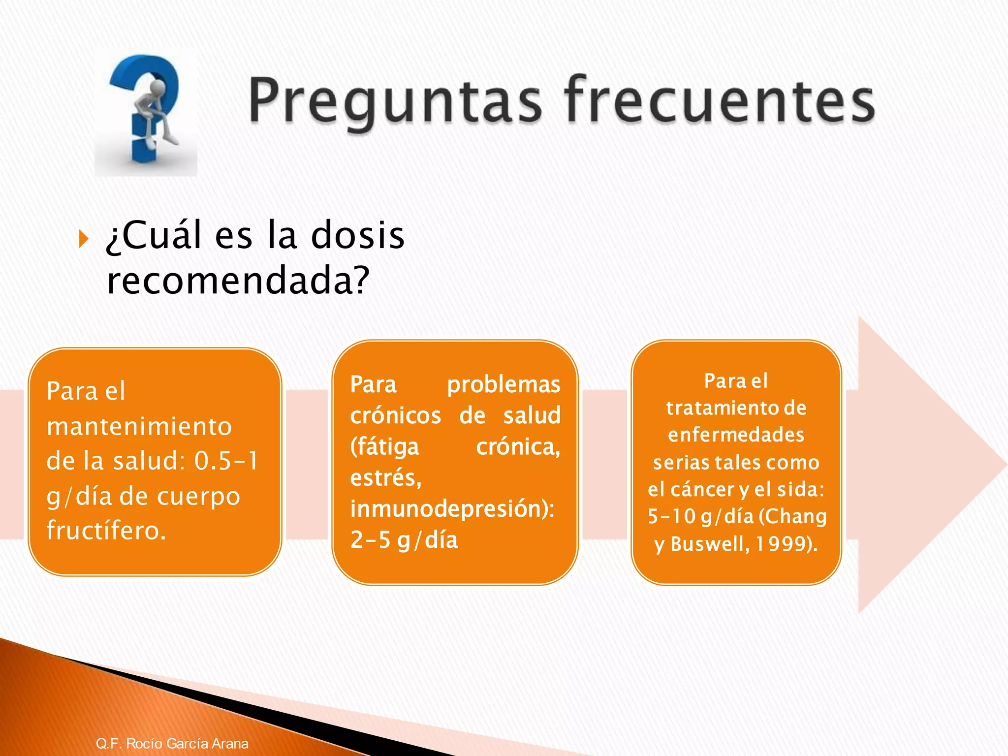 ¿Cuál es la dosis recomendada? 
Q.F. Rocío García Arana 
Para el mantenimiento de la salud: 0.5–1 g/día de cuerpo fructífero. 
Paraproblemascrónicosdesalud(fátigacrónica, estrés, inmunodepresión): 2–5g/día 
Para el tratamiento de enfermedades serias tales como el cáncer y el sida: 5–10 g/día (Chang y Buswell, 1999).  