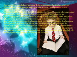 Esta teoría, fue postulada en la década de los sesentas por el psicólogo cognitivo
David Ausbel, y propone cuatro procesos mediante los cuales puede ocurrir el
Aprendizaje Significativo:
Subsunción derivada. Esto describe la situación en la cual la nueva información que
aprendo es un caso o un ejemplo de un concepto que he aprendido ya. Así
pues, supongamos que he adquirido un concepto básico tal como “árbol”. Sé que un
árbol tiene un tronco, ramas, hojas verdes, y puede tener cierta clase de fruta, y
que, cuando han crecido pueden llegar a medir por lo menos 4 metros de alto. Ahora
aprendo sobre una clase de árbol que nunca había visto, digamos un árbol de
persimo, que se ajusta a mi comprensión anterior del árbol. Mi nuevo conocimiento
de los árboles de persimo se ata a mi concepto de árbol, sin alterar substancialmente
ese concepto. Así pues, un Ausubeliano diría que se ha aprendido sobre los árboles de
persimo mediante el proceso del subsunción derivada.
 