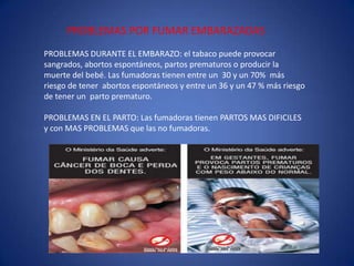 PROBLEMAS POR FUMAR EMBARAZADASPROBLEMAS DURANTE EL EMBARAZO: el tabaco puede provocar sangrados, abortos espontáneos, partos prematuros o producir la muerte del bebé. Las fumadoras tienen entre un  30 y un 70%  más riesgo de tener  abortos espontáneos y entre un 36 y un 47 % más riesgo de tener un  parto prematuro. PROBLEMAS EN EL PARTO: Las fumadoras tienen PARTOS MAS DIFICILES y con MAS PROBLEMAS que las no fumadoras. 