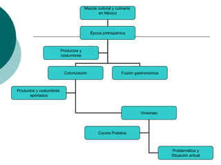 Mezcla cultural y culinaria en MéxicoÉpoca prehispánicaProductos ycostumbresColonizaciónFusión gastronómicaProductos y costumbres aportadosVirreinatoCocina PoblanaProblemática ySituación actual