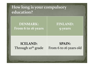 DENMARK:               FINLAND:
From 6 to 16 years          9 years



   ICELAND:                SPAIN:
Through 10th grade   From 6 to 16 years old
 