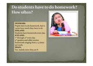 DENMARK:
Pupils have to do homework, but it
varies how much they have to do
FINLAND:
Students have homework every day.
ICELAND:
1st through 4th every day
5th graders and older receive
homework ranging from 2-4 times
per week.
SPAIN:
Yes, mainly since they are 8
 