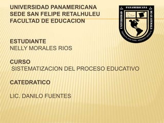 UNIVERSIDAD PANAMERICANA
SEDE SAN FELIPE RETALHULEU
FACULTAD DE EDUCACION


ESTUDIANTE
NELLY MORALES RIOS

CURSO
SISTEMATIZACION DEL PROCESO EDUCATIVO

CATEDRATICO

LIC. DANILO FUENTES
 