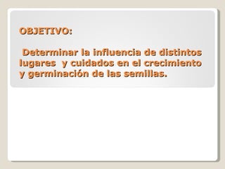 OBJETIVO:  Determinar la influencia de distintos lugares  y cuidados en el crecimiento y germinación de las semillas. 