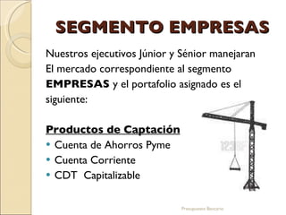 SEGMENTO EMPRESAS Nuestros ejecutivos Júnior y Sénior manejaran El mercado correspondiente al segmento EMPRESAS  y el portafolio asignado es el siguiente: Productos de Captación Cuenta de Ahorros Pyme Cuenta Corriente CDT  Capitalizable Presupuesto Bancario 
