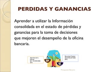 PERDIDAS Y GANANCIAS Aprender a utilizar la Información consolidada en el estado de pérdidas y ganancias para la toma de decisiones que mejoren el desempeño de la oficina bancaria. Presupuesto Bancario Aportes de la Nación.  $2. 712.593.000 16% Recursos Propios $13.878.207.000. 84%  
