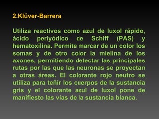 2.Klüver-Barrera  Utiliza reactivos como azul de luxol rápido, ácido periyódico de Schiff (PAS) y hematoxilina. Permite marcar de un color los somas y de otro color la mielina de los axones, permitiendo detectar las principales rutas por las que las neuronas se proyectan a otras áreas. El colorante rojo neutro se utiliza para teñir los cuerpos de la sustancia gris y el colorante azul de luxol pone de manifiesto las vías de la sustancia blanca. 