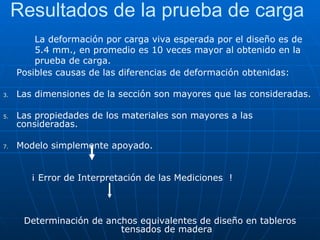 Resultados de la prueba de carga La deformación por carga viva esperada por el diseño es de 5.4 mm., en promedio es 10 veces mayor al obtenido en la prueba de carga. Posibles causas de las diferencias de deformación obtenidas: Las dimensiones de la sección son mayores que las consideradas. Las propiedades de los materiales son mayores a las consideradas. Modelo simplemente apoyado. ¡ Error de Interpretación de las Mediciones  !  Determinación de anchos equivalentes de diseño en tableros tensados de madera 