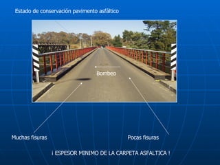 Estado de conservación pavimento asfáltico Muchas fisuras Pocas fisuras ¡ ESPESOR MINIMO DE LA CARPETA ASFALTICA ! Bombeo 