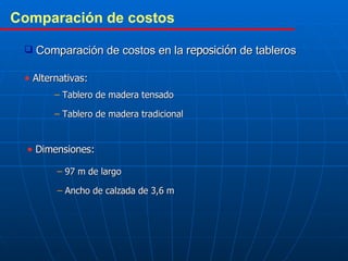 Comparación de costos en la  reposición  de tableros Alternativas: Tablero de madera tensado Tablero de madera tradicional Dimensiones: 97 m de largo Ancho de calzada de 3,6 m Comparación de costos 