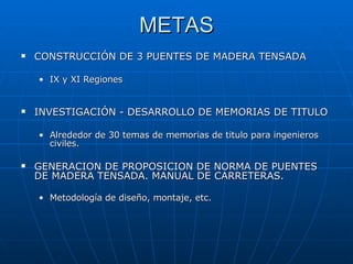 METAS CONSTRUCCIÓN DE 3 PUENTES DE MADERA TENSADA IX y XI Regiones INVESTIGACIÓN - DESARROLLO DE MEMORIAS DE TITULO Alrededor de 30 temas de memorias de titulo para ingenieros civiles. GENERACION DE PROPOSICION DE NORMA DE PUENTES DE MADERA TENSADA. MANUAL DE CARRETERAS. Metodología de diseño, montaje, etc.  
