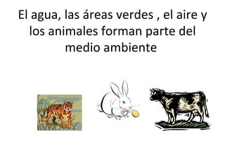 El agua, las áreas verdes , el aire y los animales forman parte del medio ambiente  