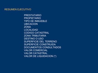 RESUMEN EJECUTIVO PRESTATARIO PROPIETARIO TIPO DE INMUEBLE UBICACION ZONA LOCALIDAD CODIGO CATASTRAL ZONA TRIBUTARIA DESTINO O USO SUPERFICIE DEL TERRENO SUPERFICIE CONSTRUIDA DOCUMENTOS CONSULTADOS VALOR COMERCIAL VALOR CATASTRAL VALOR DE LIQUIDACION (*) 
