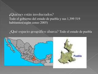 ¿Quiénes están involucrados?Todo el gobierno del estado de puebla y sus 1,399 519 habitantes(según censo 2005) ¿Qué espacio geográfico abarca? Todo el estado de puebla