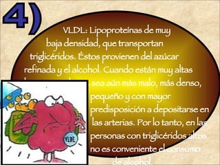 VLDL: Lipoproteínas de muy  baja densidad, que transportan    triglicéridos. Éstos provienen del azúcar  refinada y el alcohol. Cuando están muy altas  hacen que el LDL sea aún más malo, más denso,  pequeño y con mayor  predisposición a depositarse en  las arterias. Por lo tanto, en las  personas con triglicéridos altos  no es conveniente el consumo  de alcohol. 4) 