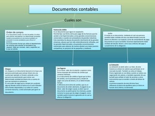 Documentos contables
Orden de compra
Es un documento similar a la nota de pedido, Se utiliza
para solicitar mercaderías a un determinado proveedor
cuando se encuentran en una misma localidad y el
proveedor no envía vendedores para ofrecer el
producto.
Es el documento formal que utiliza el departamento
de compras para solicitar la mercadería que
requiere. Debe ser concreto, claro y específico en
lo que se solicita
Factura de crédito
Es un documento que sigue sin aceptación.
Permite fijar una fecha cierta para pago de las facturas que les
venden a los hipermercados y otras grandes concentraciones
comerciales o cuando son proveedoras de grandes industrias.
Esto neutraliza los abusos de posición dominante de las grandes
empresas, abusos que han sido sistemáticamente utilizados, por
los grandes hipermercados y las grandes concentraciones
industriales para obtener de manera desleal una mejor posición
competitiva, en perjuicio de las pequeñas y medianas
recibo
El recibo es un documento, mediante el cual una persona
acredita haber recibido de otra una determinada suma de
dinero en efectivo o en especie y sirve de comprobante de pago.
Documento en que el acreedor reconoce expresamente haber
recibido del deudor dinero u otra cosa a efectos del pago o
cumplimiento de la obligación.
Cuales son
Cheque
Un cheque es un documento bancario en el que una
persona autorizada para extraer dinero de una
cuenta (por ejemplo, el titular), extiende a otra
persona una autorización para retirar una
determinada cantidad de dinero de su cuenta sin
que sea necesaria su presencia.
Es una orden de pago pura y simple (sin condición
alguna) librada contra el banco en el cual el librador
tiene fondos depositados a su orden en cuenta
corriente bancaria, o está autorizado para girar en
descubierto.
Los Pagares
Es un título- valor de circulación y aparece como
forma impropia del contrato de cambio que
contenía intereses.
Es un documento de crédito al igual que la letra
de cambio, con la promesa pura y simple de
pagar una suma de dinero, en un determinado
tiempo.
A diferencia de la letra de cambio, que es un
documento de orden abstracto, el pagaré es un
título- valor de origen causal, es decir que en
documento se podrá pactar los intereses, puede
incluirse la causa que da origen al pagaré, como
también podrá incluirse la garantía con la cual se
afianza la obligación
La Cotización
La cotización es darle valor a un bien, de esta
manera se cotizan los valores que participan en el
mercado bursátil. También se cotiza el trabajo.
Precio registrado en una Bolsa cuando se realiza una
negociación de valores, o también expresión de uso
bursátil para señalar el valor de acciones y otros
instrumentos que se venden a través de bolsas de
valores.
La primera acepción de este término hace
referencia al precio de equilibrio para un título en
función de la oferta y la demanda.
 