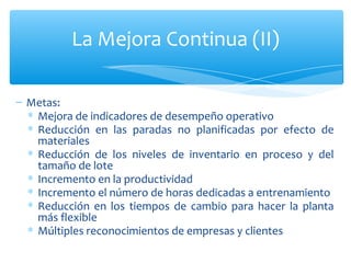 Metas: Mejora de indicadores de desempeño operativo  Reducción en las paradas no planificadas por efecto de materiales Reducción de los niveles de inventario en proceso y del tamaño de lote  Incremento en la productividad Incremento el número de horas dedicadas a entrenamiento Reducción en los tiempos de cambio para hacer la planta más flexible Múltiples reconocimientos de empresas y clientes La Mejora Continua (II) 