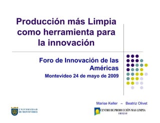 Producción más Limpia
como herramienta para
    la innovación
    Foro de Innovación de las
                   Américas
      Montevideo 24 de mayo de 2009




                          Marise Keller – Beatriz Olivet
 