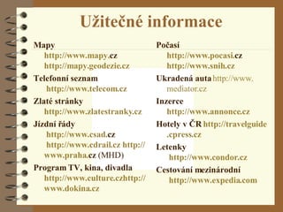 Užitečné informace Mapy  http :// www .mapy. cz http ://mapy. geodezie . cz Telefonní seznam   http :// www . telecom . cz Zlaté stránky http :// www . zlatestranky . cz Jízdní řády   http :// www . csad . cz   http :// www . cdrail . cz  http :// www . praha . cz  (MHD) Program TV, kina, divadla http :// www . culture . cz http :// www . dokina . cz Počasí http :// www . pocasi . cz http :// www . snih . cz Ukradená auta   http :// www . mediator . cz Inzerce http :// www . annonce . cz Hotely v ČR  http :// travelguide . cpress . cz Letenky   http :// www . condor . cz Cestování mezinárodní   http :// www . expedia . com 