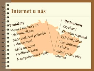 Internet u nás Problémy Vysoké poplatky za telekomunikace Malé rozšíření počítačů  v domácnosti Malé rozšíření  kreditních karet Neangažovanost vlády Budoucnost Zrychlení Zlevnění poplatků Vyřešení plateb Více informací  a služeb Státní správa přes Internet  
