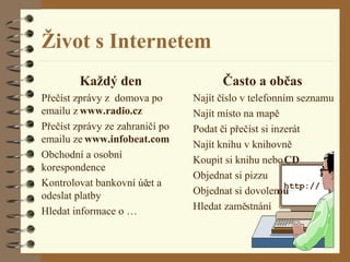Život s Internetem Každý den Přečíst zprávy z  domova po emailu z  www.radio.cz Přečíst zprávy ze zahraničí po emailu ze  www.infobeat.com Obchodní a osobní korespondence Kontrolovat bankovní účet a odeslat platby Hledat informace o …  Často a občas Najít číslo v telefonním seznamu Najít místo na mapě Podat či přečíst si inzerát Najít knihu v knihovně Koupit si knihu nebo  CD Objednat si pizzu Objednat si dovolen ou Hledat zaměstnání http:// 