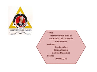 Tema: Herramientas para el desarrollo del comercio electrónico Autores:  Ana Cevallos Liliana Castro Daniela Mazamba Fecha: 2009/02/26 