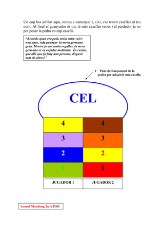 Un cop has arribat aquí, tornes a començar i, així, vas tenint caselles al teu
 nom. Al final el guanyador és qui té més caselles seves i el perdedor ja no
 pot posar la pedra en cap casella.
  “Recordo quan era petit, tenia entre vuit i
  nou anys, vaig guanyar la meva germana
  gran. Mentre jo em sentia orgullós, la meva
  germana es va enfadar moltíssim. És curiós,
  que allò que fa feliç una persona, disgusti
  tant els altres!”


                                                 •    Punt de llançament de la
                                                     pedra per adquirir una casella




                                CEL
                           4                           4

                           3                           3

                           2                           2

                           1                           1
                    JUGADOR 1                   JUGADOR 2




Leonel Mandong 2n A ESO
 