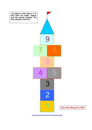 “Jo jugava al tiao fang zi a la
Xina quan era petita. Jugava
amb les meves amigues: Kei
Hao, HengTia, Chen Lie.”




                                      9
                                  7       8
                                      6
                                  4       5
                                      3
                                      2
                                      1       Xiao Chao Weng 4t A ESO
 