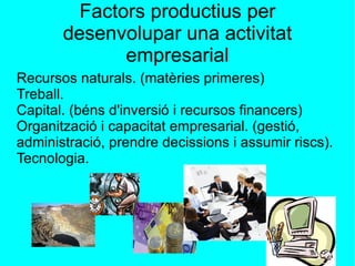 Factors productius per desenvolupar una activitat empresarial Recursos naturals. (matèries primeres) Treball. Capital. (béns d'inversió i recursos financers) Organització i capacitat empresarial. (gestió, administració, prendre decissions i assumir riscs). Tecnologia. 
